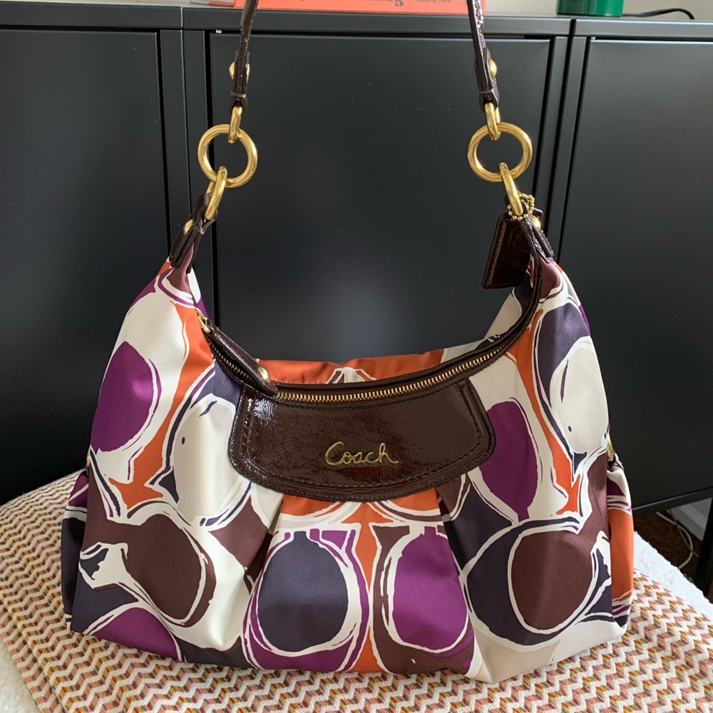 Coach Ashley Hand-drawn Scarf Print Hobo Bag Purple Brown Satin